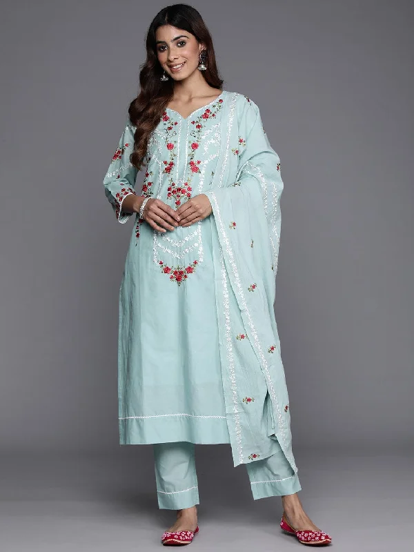 Varanga Floral Embroidered Thread Work Pure Cotton Kurta with Trousers & Dupatta