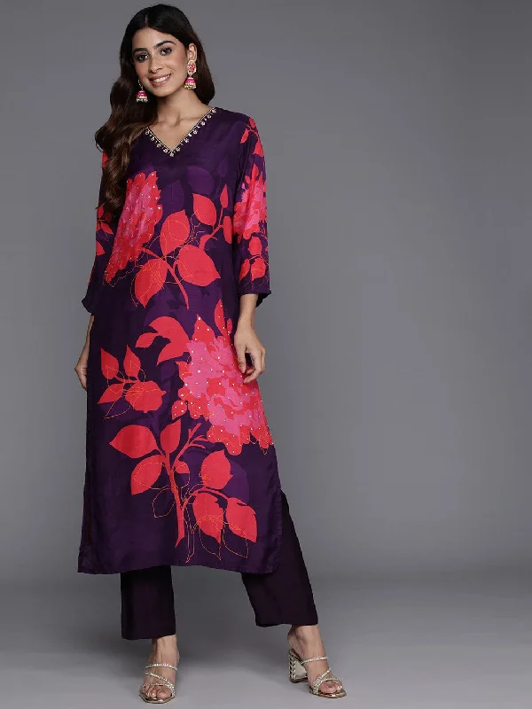 Varanga Floral Printed Sequinned Pure Silk Kurta with Trousers