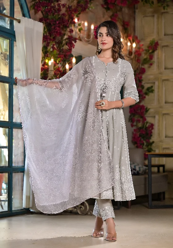 Varanga Grey Thread Embroidered Anarkali Kurta With Bottom And Dupatta