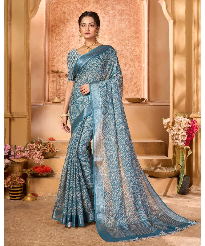 Varanga Light Blue Linen Designer Saree With Zari Border