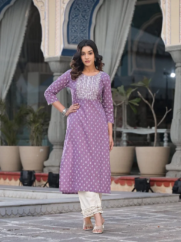 Varanga Mauve Straight Kurta With Embroidered Yoke