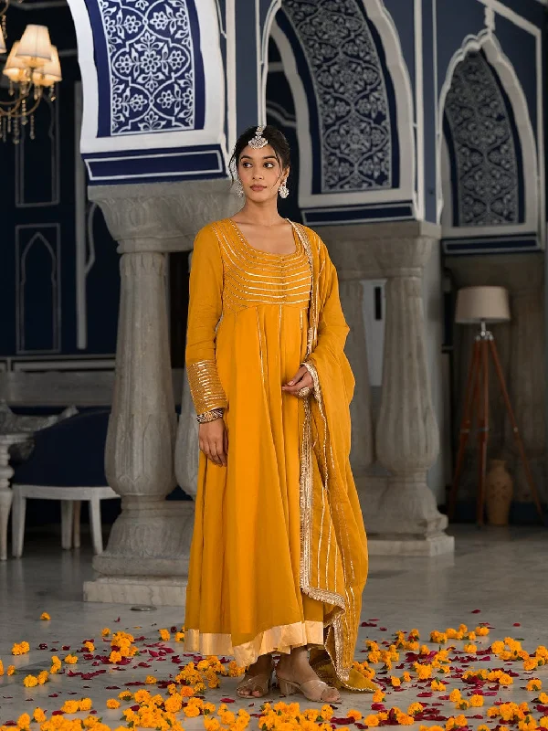 Varanga Mustard Gota Embellished Anarkali Kurta Paired With Tonal Dupatta With Four Side Fringes Js Vkur1778 Vardup1515