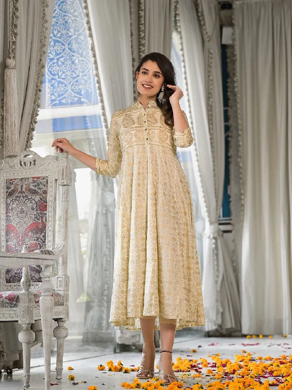 Varanga Off-White & Golden Ethnic Foil Print Panelled Anarkali Kurta