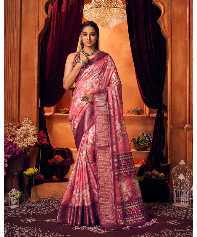 Varanga Pink Linen Saree With Zari Border