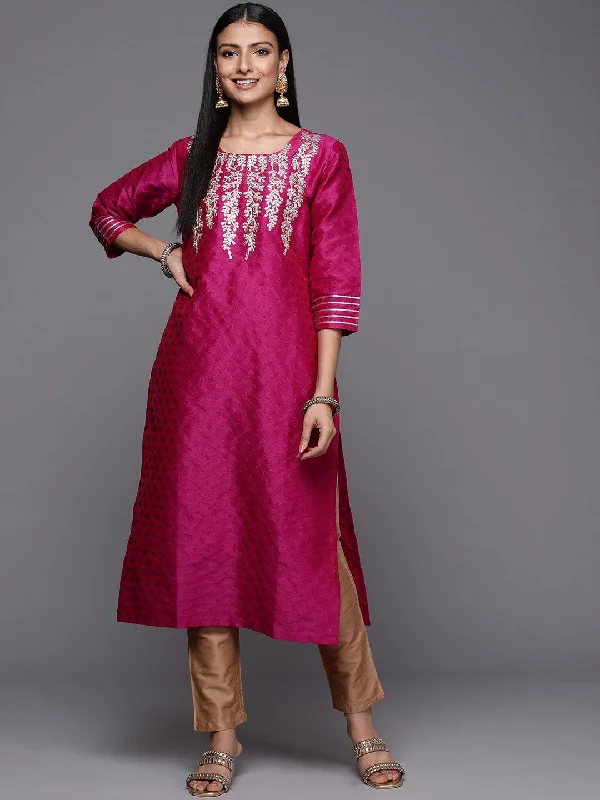 Varanga Pink Embroidered Straight Kurta With Three-Quarter Sleeves Paired With Tonal Bottom And Dupatta