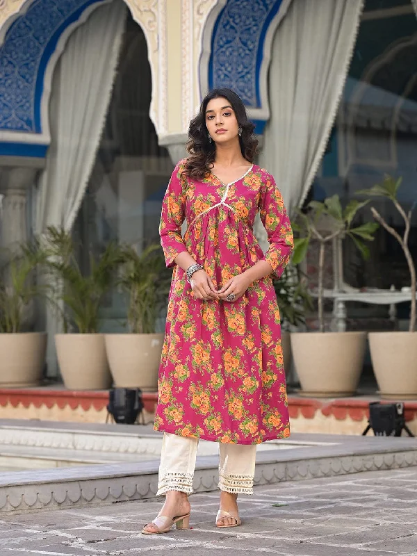 Varanga Pink Floral Printed V Neck Empire Kurta Js Vkur1177