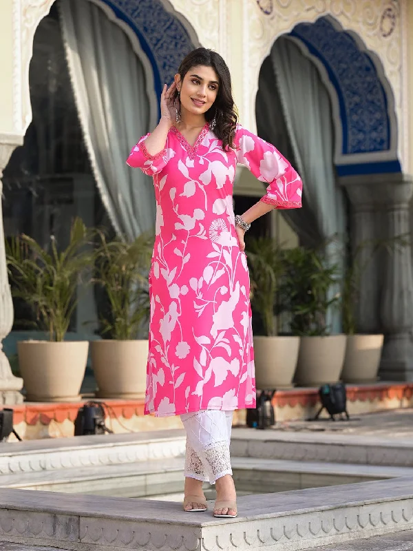 Varanga Pink Floral Printed V Neck Straight Kurta Js Vkur1344