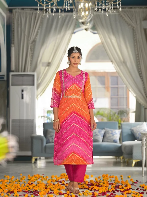 Varanga Pink & Orange Bandhani Printed Round Neck Embroidered Yoke Straight Kurta Paired With Tonal Bottom And Dupatta