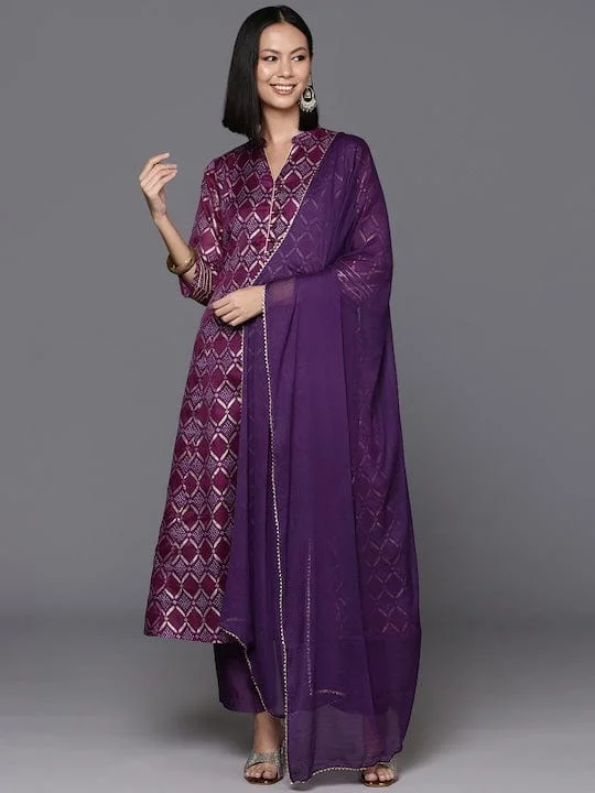 Varanga Purple Bandhani Printed Anarkali Kurta With Bottom And Dupatta