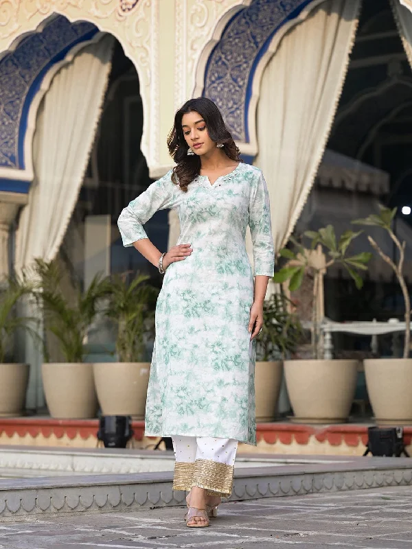 Varanga Sea Green Shibori Straight  Kurta With Embroidered Neckline