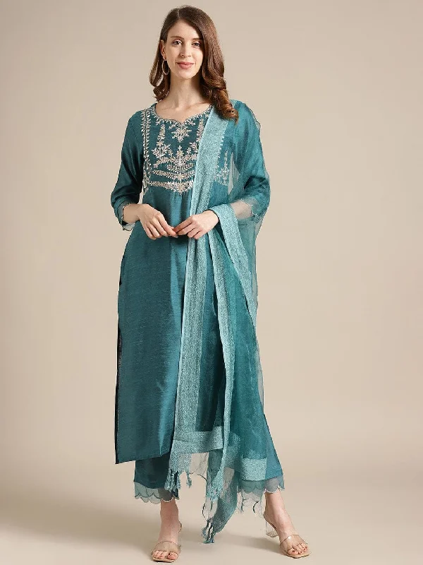 Teal Gota Patti Embroidery Silk Kurta Trouser Set With Organza On Sleeve And Silk Dupatta