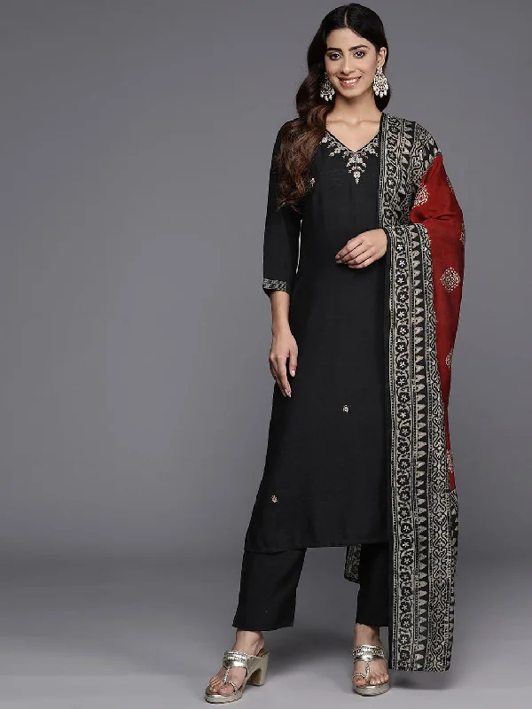 Varanga Women Black Beads And Stones Embellished Kurta With Bottom And Dupatta