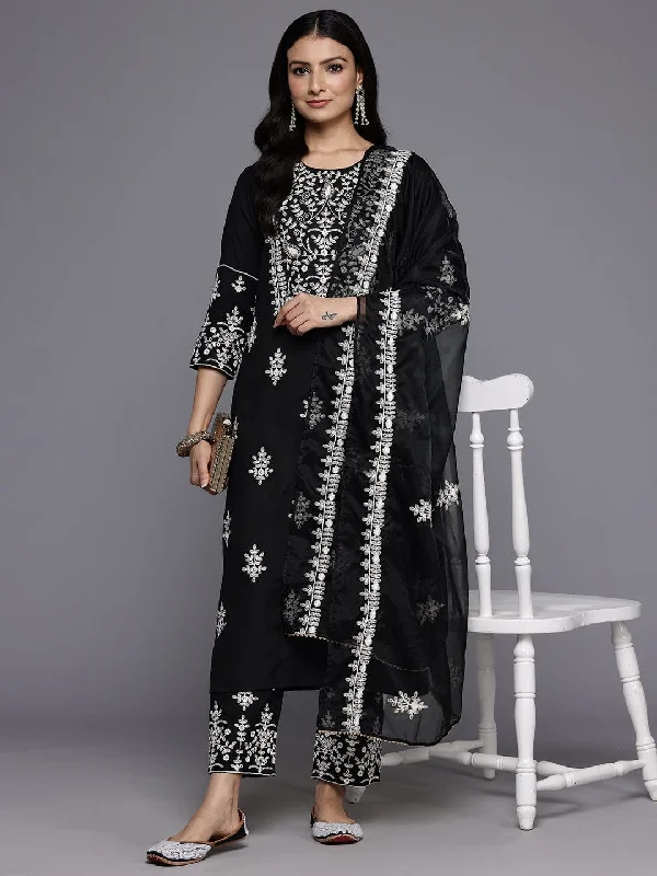 Varanga Women Black Round Neck Thread Embroidered Kurta Paired With Bottom And Dupatta