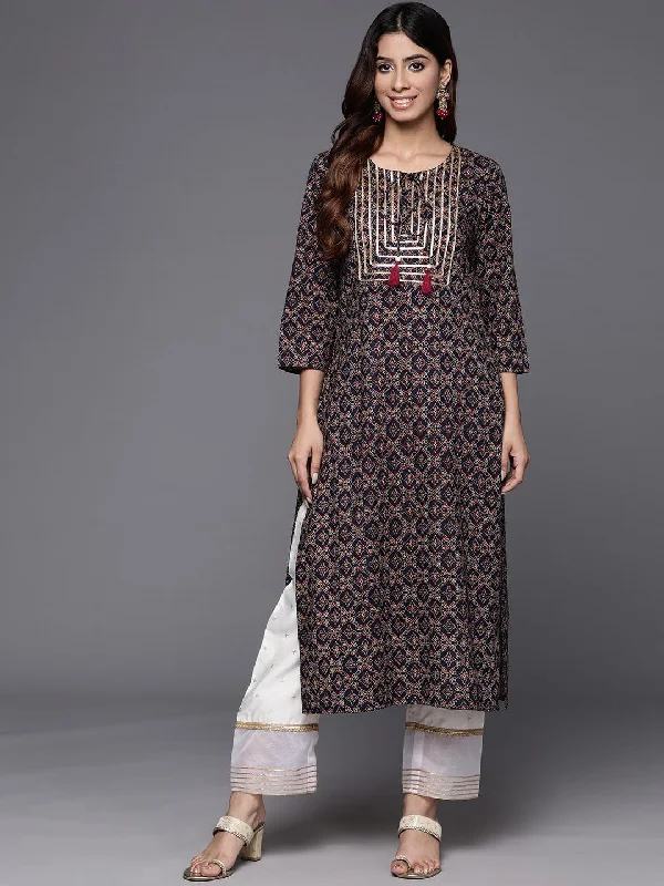 Varanga Women Blue Ajrak Printed Straight Kurta