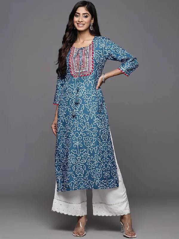 Varanga Women Blue Bandhani Printed Round Neck Yoke Straight Kurta