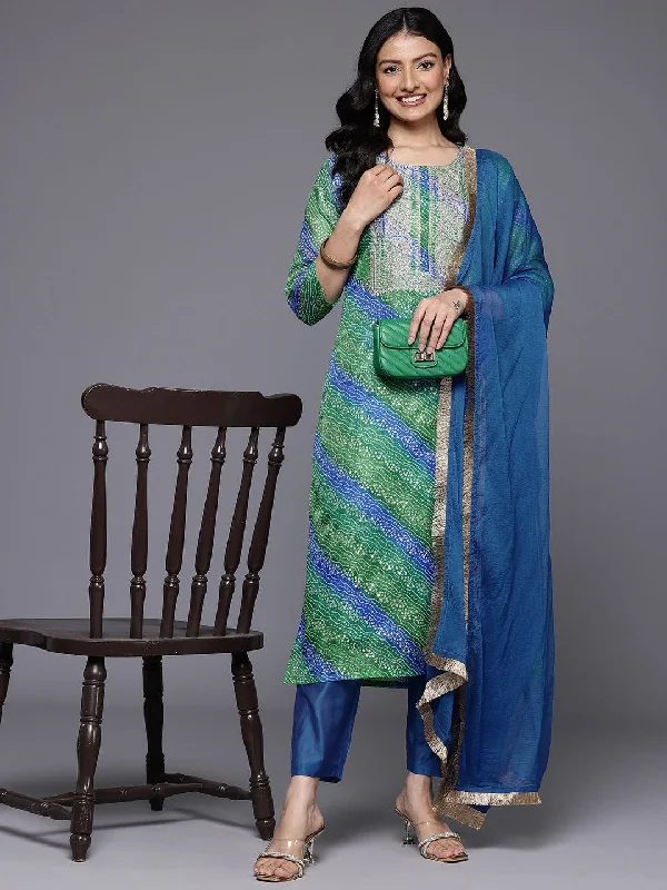 Varanga Women  Blue Bandhani Printed Zari Embroidered Kurta  Paired With Bottom And Dupatta