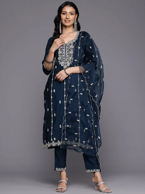 Varanga Women Blue Cotton Thread Embroidered Detailed Kurta Set with Bottom and Dupatta