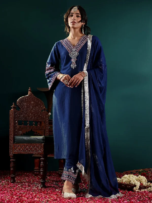 Varanga Women Blue Embroidered Straight Kurta Paired With Tonal Embroidered Bottom And With Tonal Chiffon Dotted Dupatta