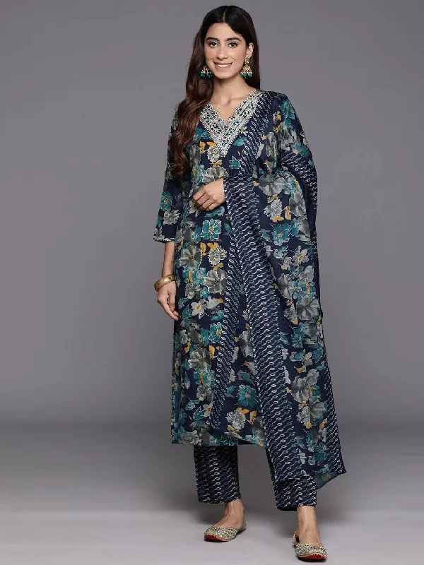 Varanga Women Blue Floral Print And Embroidered Kurta With Bottom And Dupatta