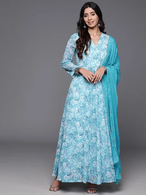 Varanga Women Blue Floral Printed Anarkali Kurta Paired With Dupatta