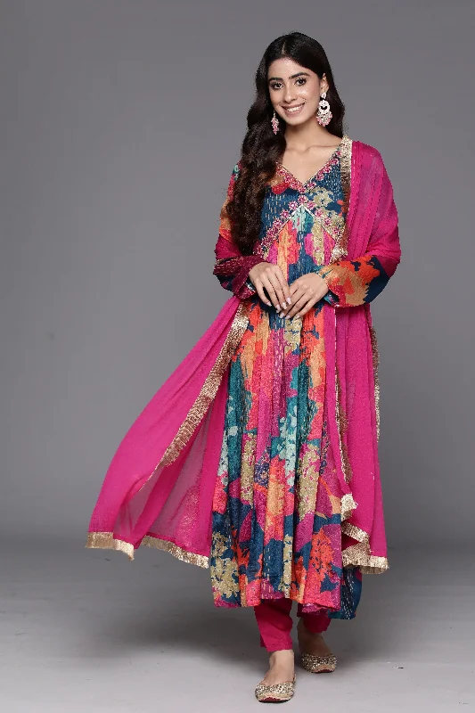 Varanga Women Blue Floral Printed Pure Silk Chinon Embroidered Kurta With Bottom And Dupatta