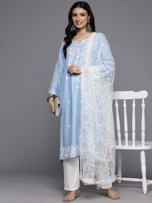 Varanga Women Blue Floral Thread Embroidered Straight Kurta Paired With White Bottom And White Embroidered Dupatta