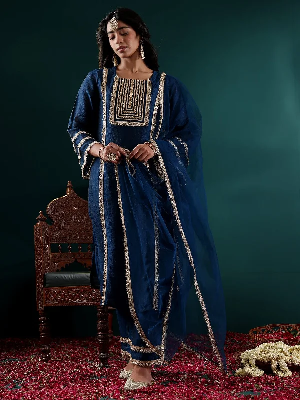 Varanga Women Blue Gota Embellished Lace Kurta With Bottom And Dupatta