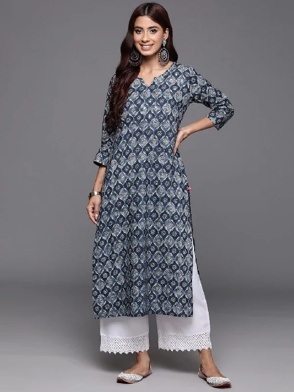 Varanga Women Blue Jaal Floral Printed, Sequin And Thread Embroidered Straight Kurta