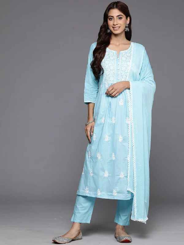 Varanga Women Blue Thread Embroidered Straight Kurta With Bottom And Dupatta