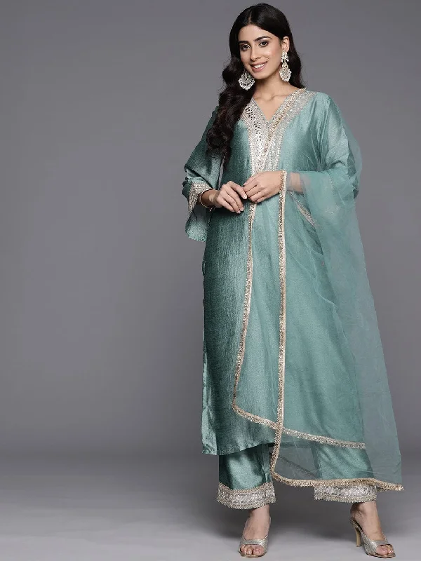 Varanga Women Blue V Neck Lace Embellished Kurta Paired With Tonal Bottom And Dupatta