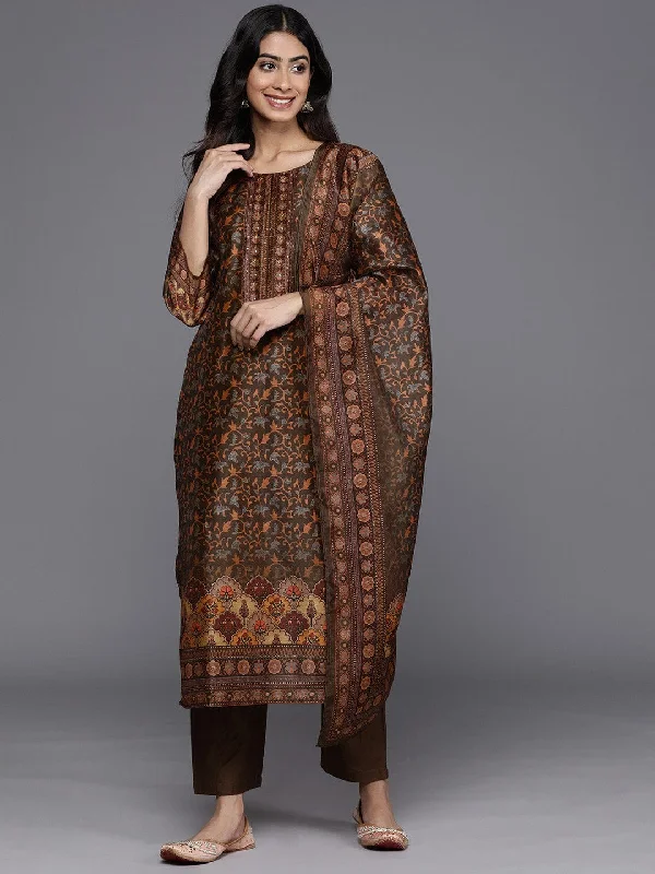 Varanga Women Brown Ethnic Motif Placket Embroidered Straight Kurta Paired With Tonal Solid Bottom And Printed Dupatta