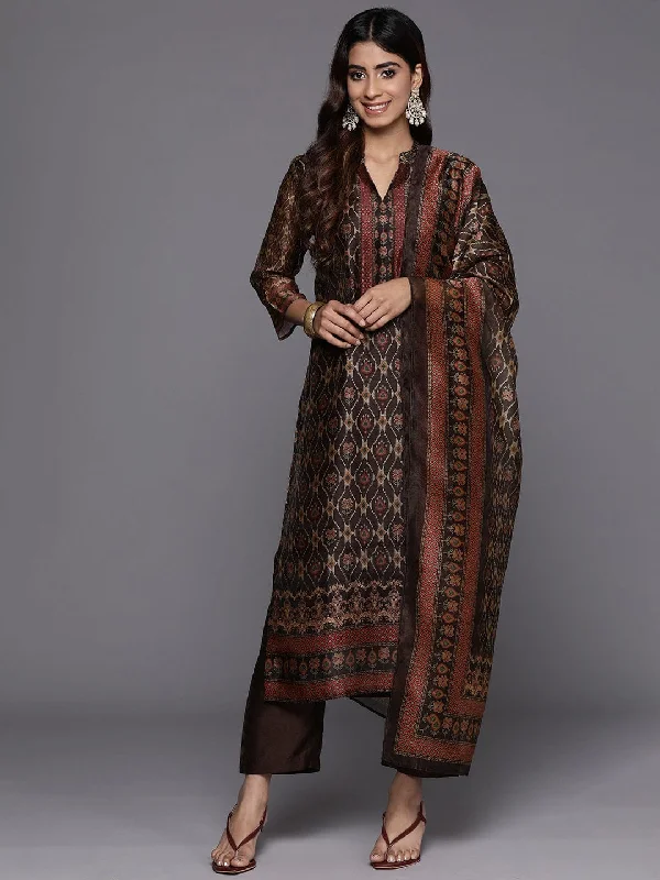 Varanga Women Brown Ethnic Printed Straight Kurta With Bottom And Dupatta