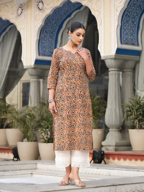 Varanga Women Brown Floral Printed Straight Kurta With Three Quarter Sleeves