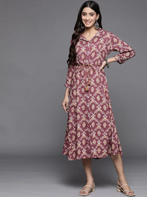 Varanga Women Burgundy Ikat Printed Dress With Shirt Collar