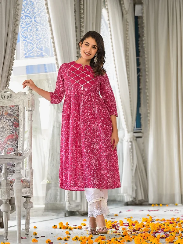 Varanga Women Fuchsia Bandhani Printed Round Neck Yoke Three Quarter Sleeves Anarkali Kurta Js Vkur1193