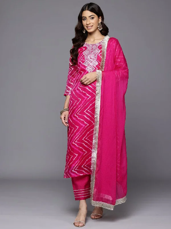 Varanga Women Fuchsia Bandhani Printed Zari Embroidered Kurta With Bottom And Dupatta