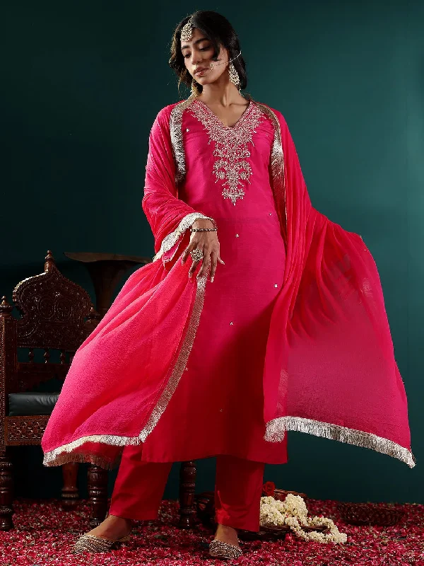 Varanga Women Fuchsia Pink Embroidered Straight Kurta With Bottom And Dupatta