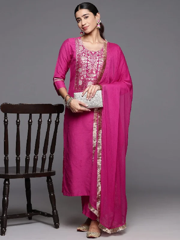 Varanga Women Fuchsia Straight Kurta Paired With Bottom And Dupatta