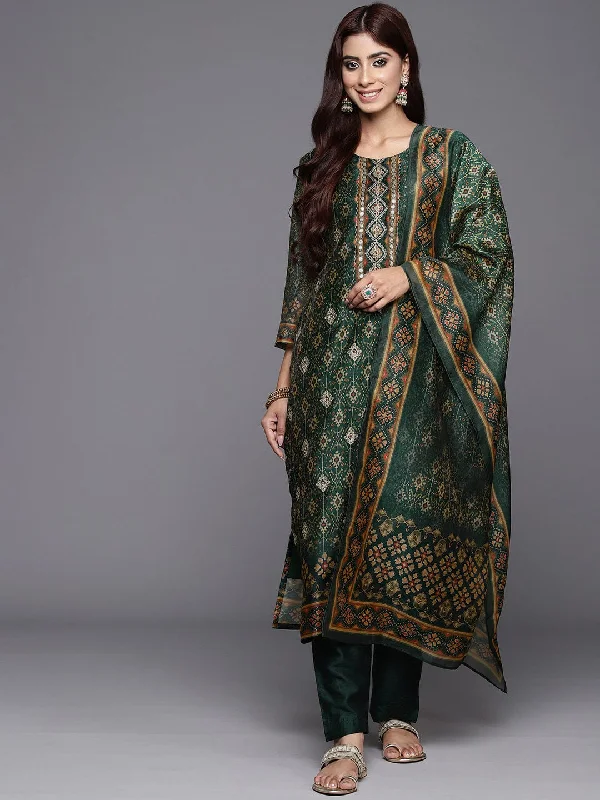 Varanga Women Green Ethnic Printed Zari Embroidered Straight Kurta With Bottom And Dupatta