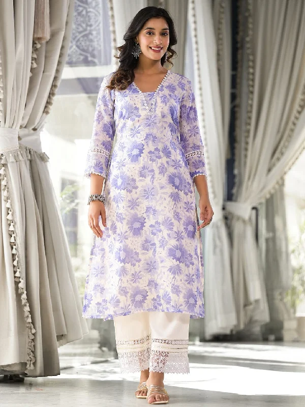 Varanga Women Lavender Floral Printed V- Neck Three Quarter Sleeve Straight Kurta.