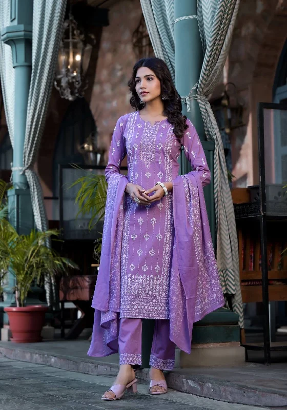 Varanga Women Lavender Rubber Printed, Embellished Straight Kurta Paired With Bottom And Dupatta