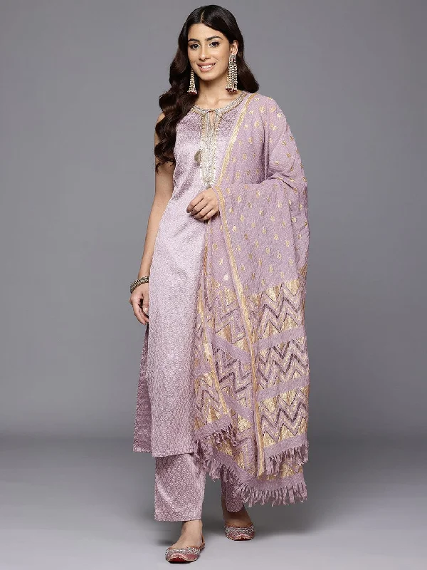 Varanga Women Lavender Zari And Sequins Lace Embellished Kurta With Bottom And Dupatta