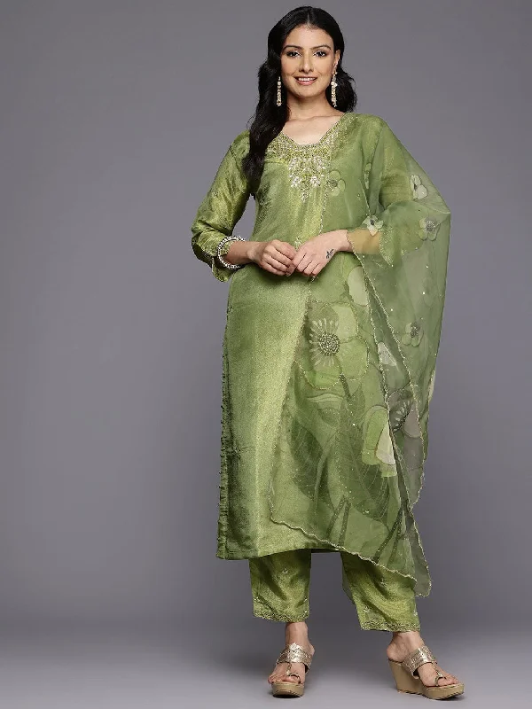 Varanga Women Lime Green Bead And Stone Embellished Kurta Set With Dupatta