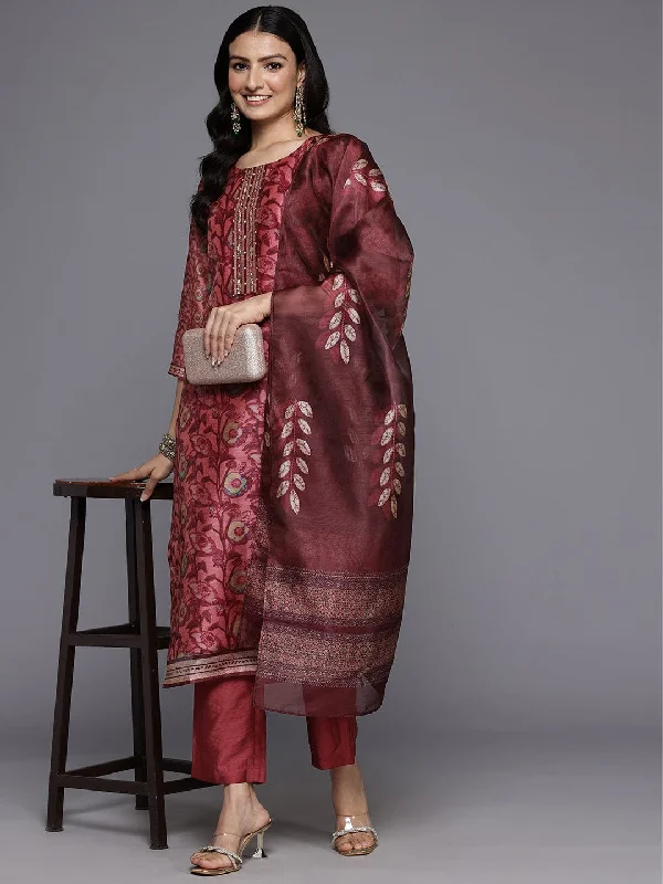 Varanga Women Maroon Floral Printed Kurta, Round Neck Straight Kurta Paired With Tonal Bottom And Printed Dupatta