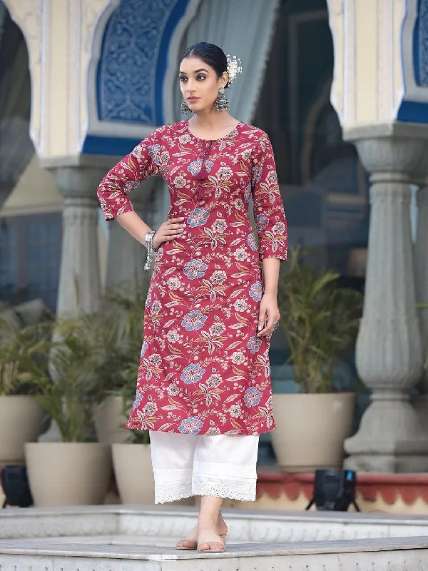 Varanga Women Maroon Floral Printed Straight Kurta With Side Slits