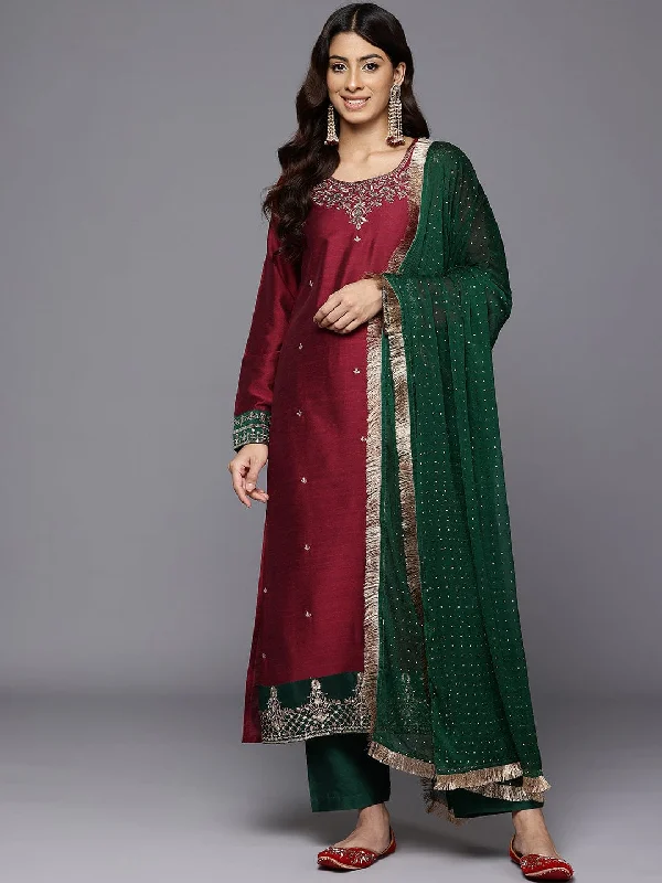 Varanga Women Maroon Placement Design Embroidered Straight Kurta Paired With Contrast Bottom And Chiffon Dotted Dupatta With Four Side Fringes