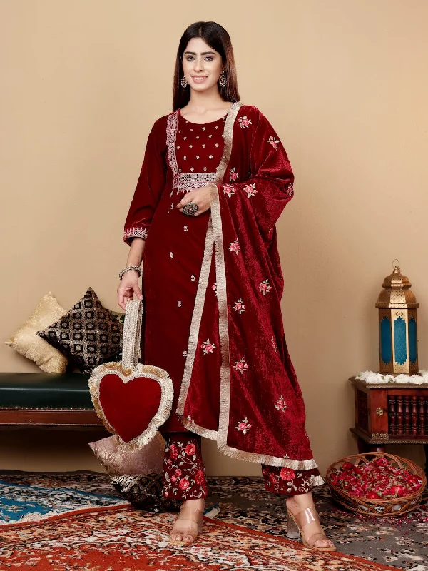 Varanga Women Maroon Velvet Thread Embroidered Straight Kurta With Trousers And Fringed Velvet Dupatta.