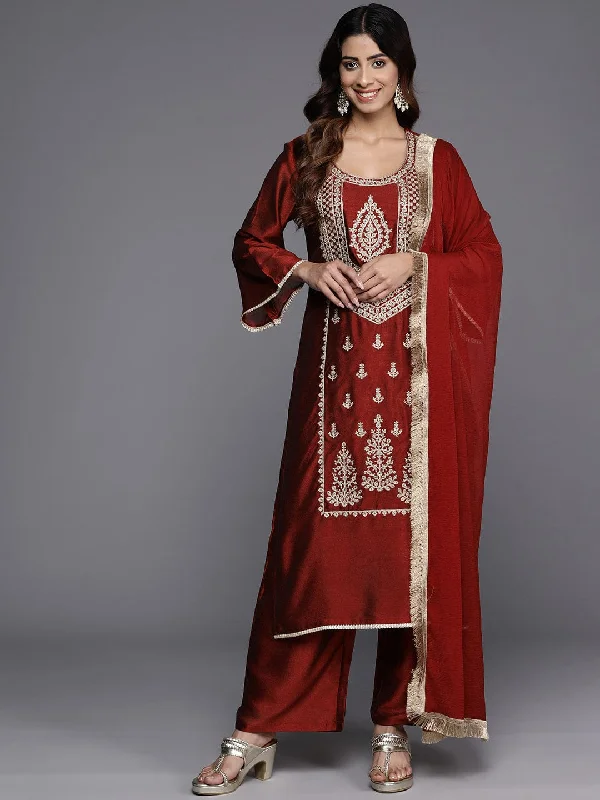 Varanga Women Maroon Zari Embroidered Kurta Paired With Bottom And Dupatta