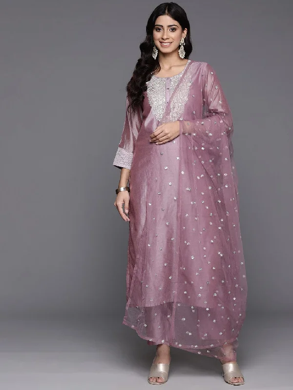 Varanga Women Mauve Round Neck Embroidered Kurta With Tonal Bottom And Dupatta