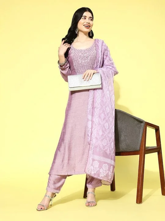 Varanga Women Mauve Round Neck Embroidered Straight Kurta Paired With Tonal Bottom And Printed Dupatta